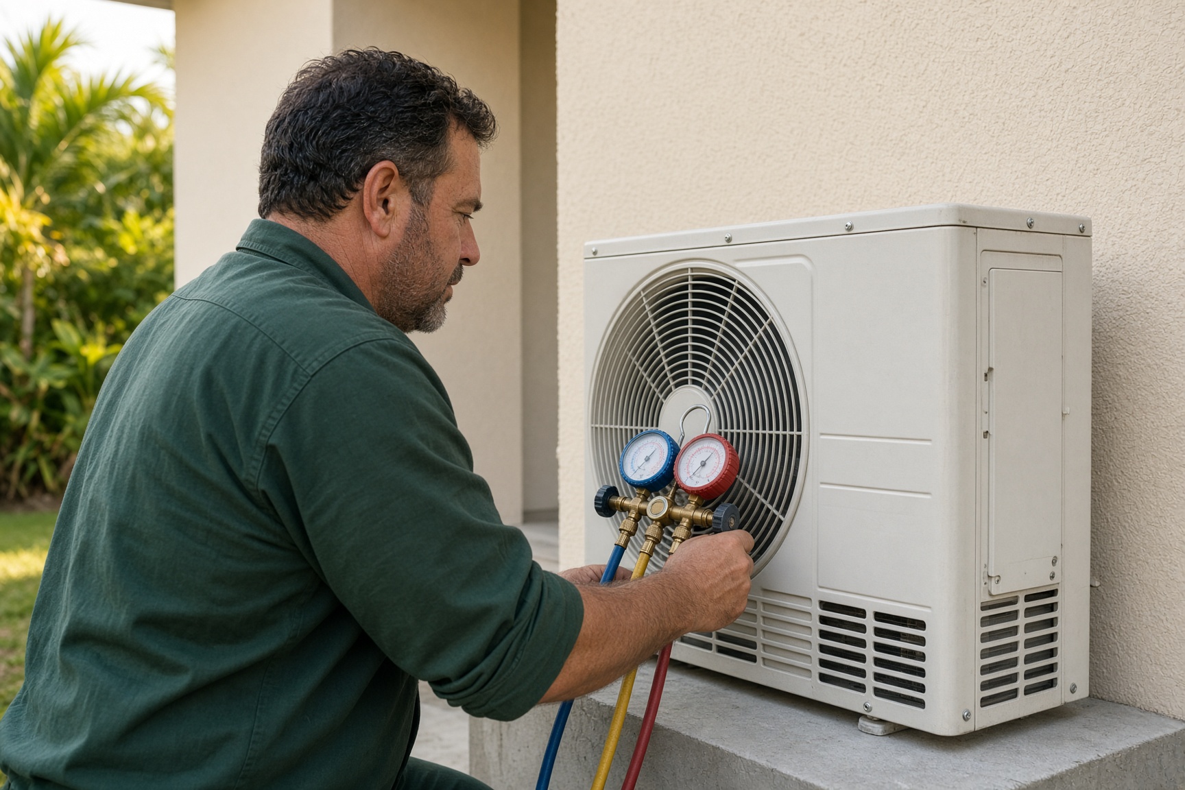 Technician servicing an outdoor air conditioner beside a Florida home